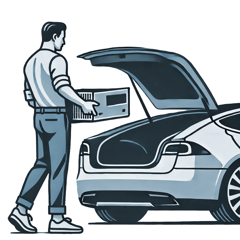 Illustration of a man lifting a computer out of a car trunk