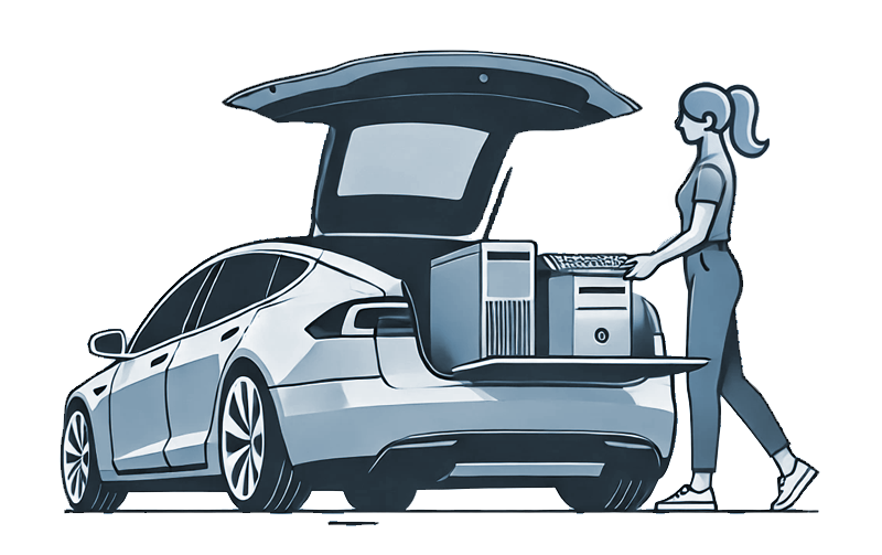 Illustration of a woman loading a computer tower into the trunk of an electric car