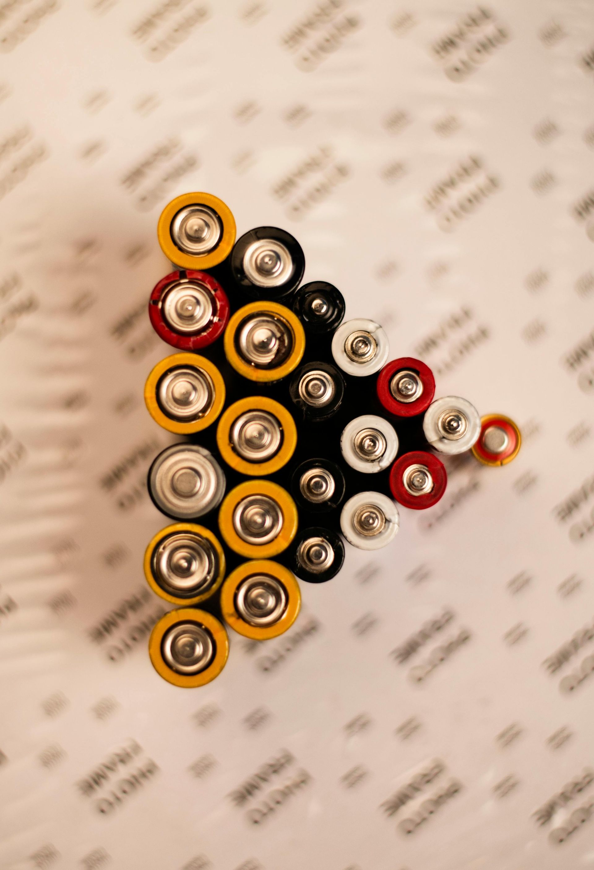Used batteries of different types arranged in a triangle